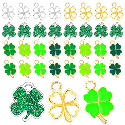 Sureio 56 Pcs St. Patrick's Day Craft Supplies Lucky Four Leaf Clover Charms Pendants DIY Bracelet Charms 8 Sequins 16 Silver Hollow 16 Gold Hollow 16 Shamrock St. Patrick's Day Pendants