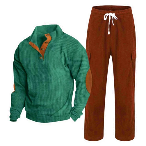 Generic Mens 2 Piece Tracksuit Winter Long Sleeved Corduroy Solid Color Patch Casual Solid polo Sweatshirt and Sweatpant Set