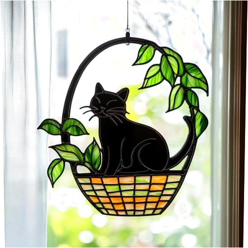Fastpeace Black Cat in Plant Pot Acrylic Stained Glass Window Hanging Suncatcher, Unique Gifts for Black Cat Lover, Fantasy Decor