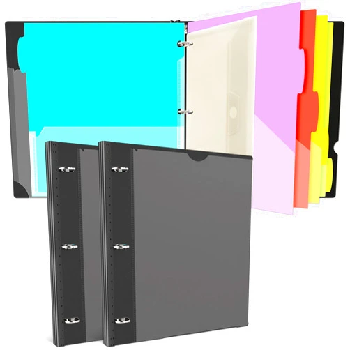 JISUSU Telescoping Project Organizer Binder - 2 Pack, Refillable 3 Ring Binder with 5 Colors Two Pocket Dividers, Plastic Binder with Customizable Front Cover and Binder Pocket - Black