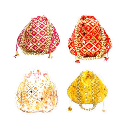 IGH Indian Handmade Women's Embroidered Mirror Work Potli Bag with Pearls Handle Party Wear Ethnic Bridal Purse Jewelry Pouch Bag