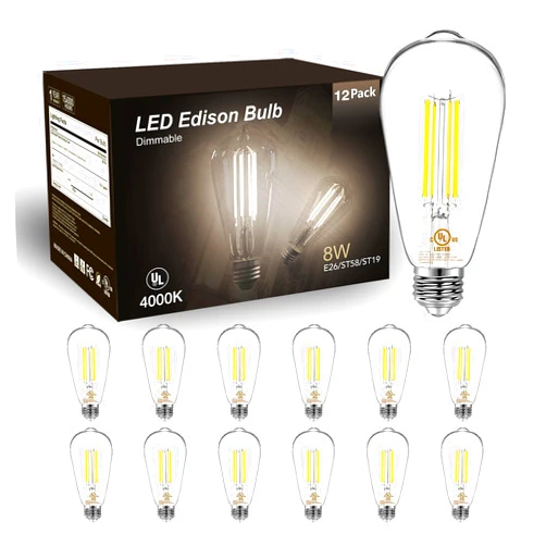 DAYBETTER 12 Pack Vintage LED Edison Bulbs, E26 Led Bulb 60W Equivalent, Dimmable Led Light Bulbs, High Brightness 800 LM Neutral White 4000K, ST58 Antique Filament Bulbs, Clear Glass Style for Home