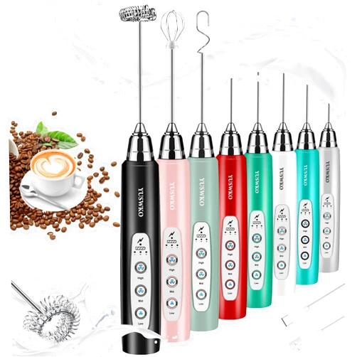 YUSWKO Milk Frother Handheld with 3 Heads, Electric Whisk Drink Foam Mixer with USB Rechargeable 3 Speeds, Mini Frother for Coffee Latte, Cappuccino, Hot Chocolate, Egg
