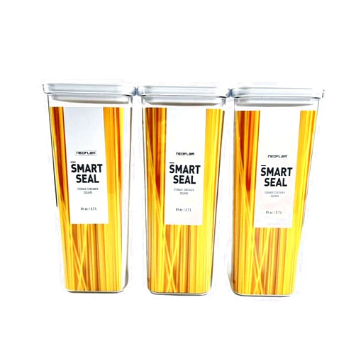 Neoflam Airtight Smart Seal Food Storage Container (Set of 3) | Crystal Clear Body | Modular, Stackable, Nestable Design (2.7L, Square)