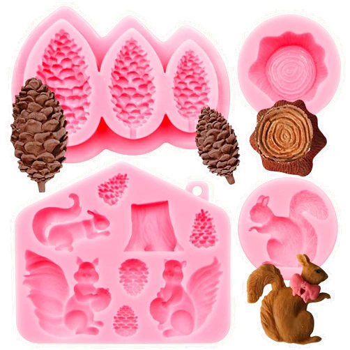 Octhallow Forest Animal Squirrel Silicone Molds, Pine Cones Pine Nuts Chocolate Molds, Tree Stump Tree Trunk Fondant Baking Molds for Cake Decoration Cupcake Topper Candy Gum Paste Clay Resin Set of 4