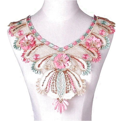 SHYISY 1pc Pink Green Flower Embroidery Lace Fabric Trim Sewing DIY Applique Bridal Neckline Collar Craft GuiDress Wedding Decoration-B