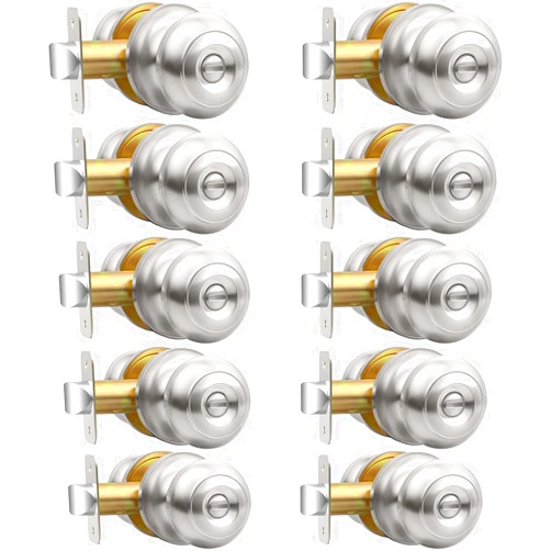 AEEKEL 10 Pack Privacy Door Knob, Brushed Nickel Door Knobs Interior Keyless Door Locks for Bedrooms, Bathroom Door Knob for Left/Right Handle Doors