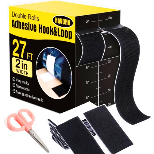 Navona 27Ft x 2 Inch Hook and Loop Strips with Adhesive,Double Rolls of Heavy Duty Self Adhesive Tape with Backing, Nylon Self Adhesive Tape for Home Office School and Crafting,Black
