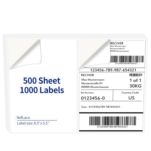 NefLaca 8.5 x 5.5 Half Sheet Shipping Labels for Laser and Inkjet Printers, 2 Per Page Self Adhesive Mailing Labels, White Blank Labels [500 Sheet 1000 Labels]