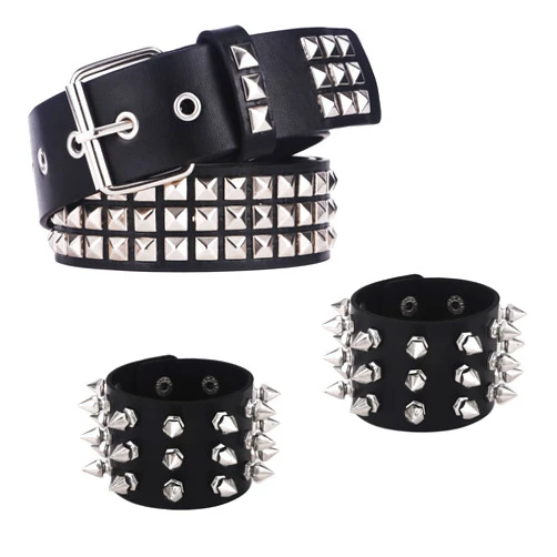 FINZOR 3 Pieces Punk Bracelets and Studded Belt Set for Men Women Black Leather Rivet Goth Bracelet Cuff Belt Punk Accessories