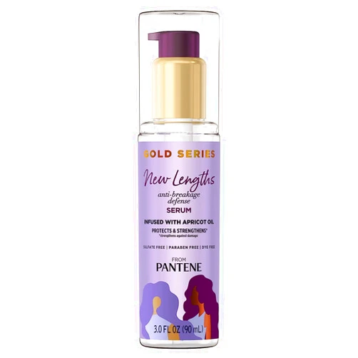 Pantene Gold Series New Lengths Anti-Breakage Defense Serum, Infused with Apricot Oil, Protects & Strengthens, for Natural, Textured, Curly, Coily Hair, Sulfate Free, 3 Fl Oz
