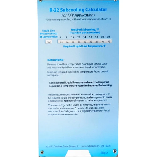Datalizer R-22 Subcooling Calculator for TXV Applications