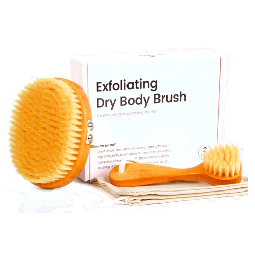 Eaxun Bamboo Dry Brushing Body Brush Set, Natural Exfoliating Boar Bristle Face & Body Scrub Brush for Lymphatic Drainage, Cellulite, Blood Circulation and Glowing Skin, 2 Pack