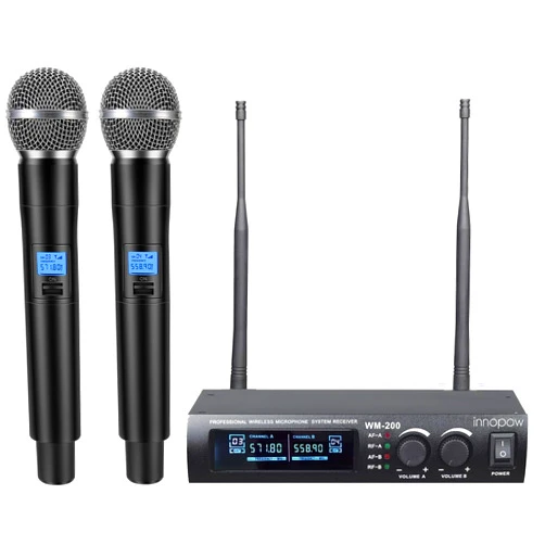 Innopow Wireless Microphone System, Dual UHF Metal Cordless Mic Set, Long Distance 150-200Ft,16 Hours Continuous, Fixed Frequency, Use for Karaoke Singing, Family Party,Church …