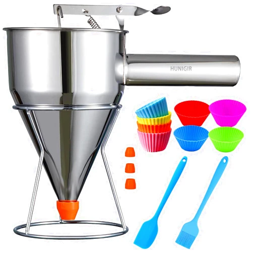 HUNIGIR Pancake Batter Dispenser Stainless Steel Funnel Dispenser with Bracket Includes 14 Baking Accessories Batter Pourer for Cupcakes Waffles Candies Muffins (40oz/1.2L)