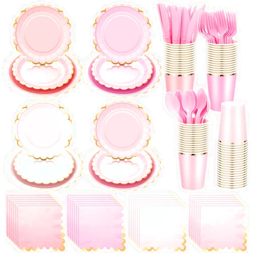 Yaomiao 168 Pcs Disposable Dinnerware Set Party Supplies, Scalloped Paper Plates Cups Napkin with Gold Foil Plastic Forks Knives Spoons Serve 24 Guests for Birthday Baby Shower (Pink,Round)