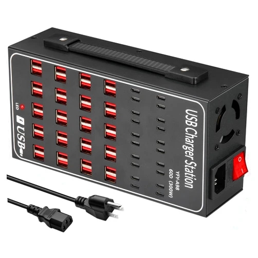 MIXILIN Multiple USB Charging Station 60 Port (40 USB A & 20 USB~C Port), MIXILIN 300W(60A) Fast Charger Station with Power Switch, Desktop USB~C Charger Block Compatible with Phone iPad Kindle Tablet