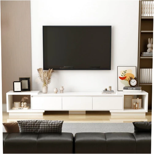 FAMAPY Extendable TV Console Table Modern TV Cabinet with Drawers, Contemporary Entertainment Center Media Storage Console Table for Living Room White (65.4-106.3”W x 15.7”D x 15.4”H)