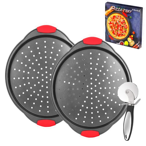 YIDAZLE Pizza Pan for Oven (2 PACK), Pizza Baking Trays with Pizza Cutter, Non-Stick Pizza Baking Pan with Perforated Holes and Silicone Handle, Oven & Dishwasher Safe Carbon Steel