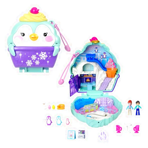 Polly Pocket Dolls & Playset, Snow Sweet Penguin Compact with 13 Accessories, Travel Toy with Fidget Exterior