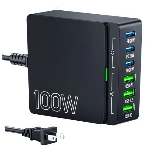 Gakezi USB C Charger Block Charging Station: 100W 6 Port GaN Fast Charging Brick Hub - PD 3.0 Type C & USB A Charging Cube Box - Wall Charger Power Adapter for iPhone iPad Samsung Android Pixel