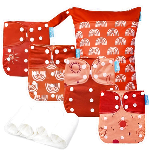 Smarbore Baby Cloth Diapers Set-4 Pack Diapers with 4 Inserts & 1 Wet Dry Separation Bag, Reusable Infant Toddler Nappy, Adjustable Pocket Diapers for Baby Boys and Girls(6-33 pounds,0-3 Years)