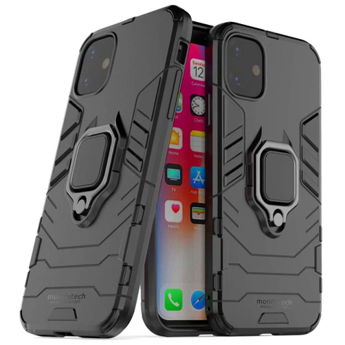 Mondetech for Apple iPhone 11 Case with Screen Protector, Slim Drop Protection with Ring Stand, Magnetic Holder Compatible, 9H Tempered Glass Screen Film, Outdoor Shockproof Cover, Black