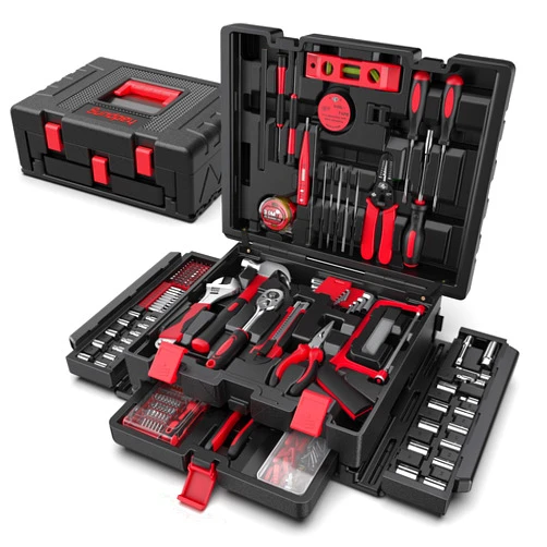 Sundpey Home Tool Kit with Drawer - 379-PCs Portable Complete Household and Auto Repair Tool Set - Hand General Basic Tool Box Storage Case - Full Basic Toolkit for Handyman & Diyer & Homeowner Red