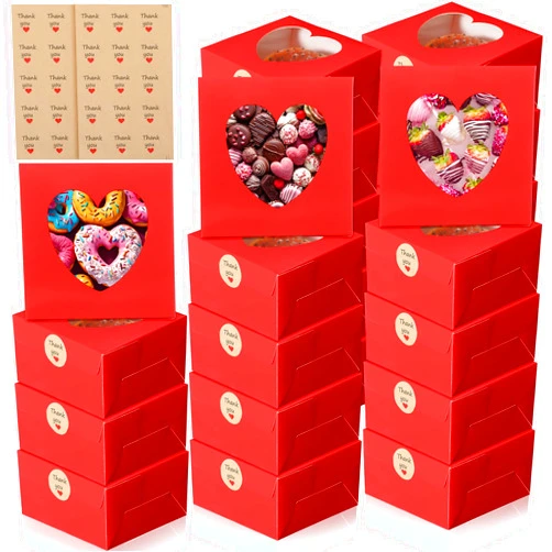Janlaugh 25 Pcs Red Bakery Boxes for Women Mother with Window Heart Cupcake Treat Cookie Dessert Box Bulk Mom Gift for Chocolate Strawberries Donuts Candy Party Favor (6x6x2.5 Inch)
