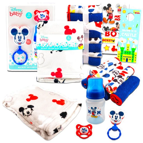 Mickey Mouse Disney Mickey Mouse Baby Gift Set, Baby Shower Gifts Boys Neutral - 12 Pc Newborn Essentials Bundle with Blanket, Towels, Rattle, Bottle, Pacifier, Scrapbook Stickers, More