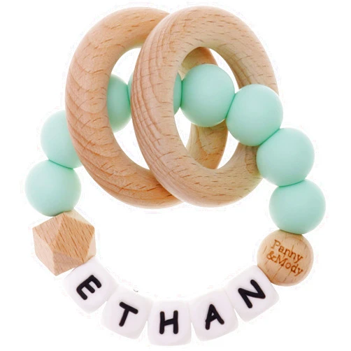 Panny & Mody Personalized Baby Keepsake Rattles with Name, Panny & Mody Customizable Silicone Baby Keepsake Rattle with Natural Organic Beech Wood Rings for Gift - Mint Green