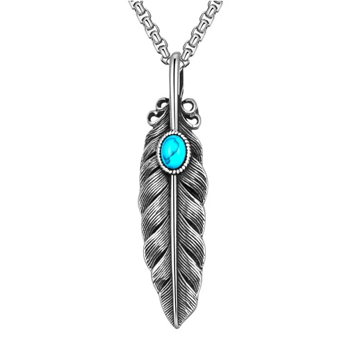 GulCean Mens Turquoise Feather Necklace Titanium Steel Vintage Silver Simple Punk Gothic Emo Fashion Hippie Long Feather Pendant Necklace Jewelry Gift