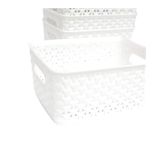 Bozopion 4-Pack Plastic Woven Storage Baskets,Small Bins Organizers with Cutout Handles,White