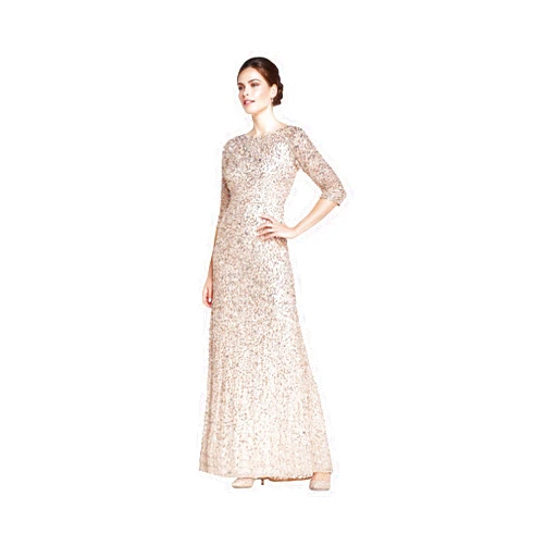 Adrianna Papell Women's 3/4 Sleeve Scoop Back Beaded Gown