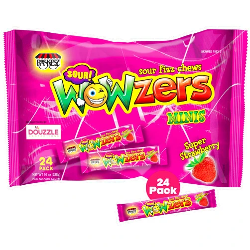 DOUzzle Easter Candies Egg Fillers - Sour Wowzers Minis, Super Strawberry Sour Fizz Chews (24 Count, Pack of 1) Individually Wrapped Candies, Birthday Party Favors, Goodie Bags Stuffers - Kosher Parve