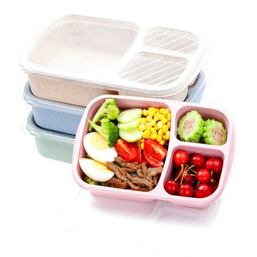 Buluker 4 Pack Bento Lunch Box Set 3 Compartment Wheat Straw Meal Prep Food Storage Containers Plastic, Microwave and Dishwasher Safe (3 Compartment)