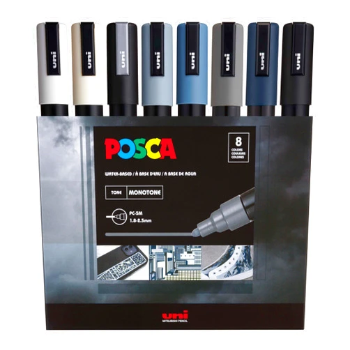 Posca Markers Set, 8 Medium Paint Markers 5M – Mono Tones – White, Ivory, Silver, Grey, Slate Grey, Deep Grey, Navy Blue, Black