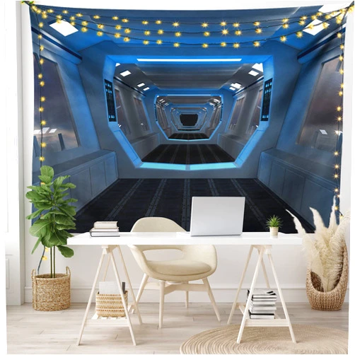 Lunarable Outer Space Tapestry King Size, Cosmos Robots and Androids World Stardust Vision Comics Fictional Universe, Wall Hanging Bedspread Bed Cover Wall Decor, King Size, Blue White