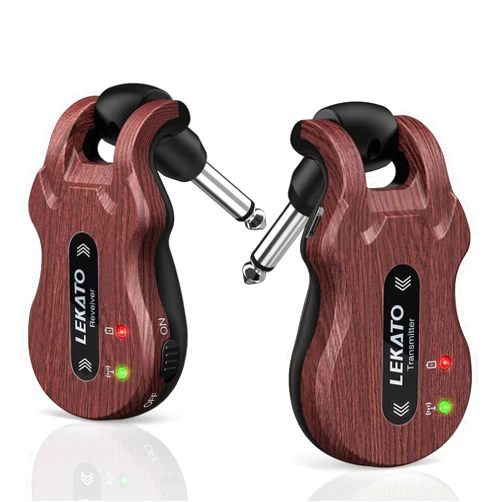 LEKATO Wireless Guitar System 5.8 Wireless Guitar Transmitter Receiver Rechargeable Audio Wireless Transmitter Receiver 4 Channels Transmission Range for Electric Guitar Bass (Grain)