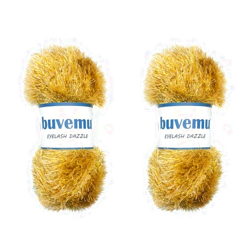 Buvemu Eyelash Dazzle Fun Fur Yarn with Metallic Sparkle 100 Gram (3.53 Ounces) 120 Yards (110 Meters) (Gold - 2 Skeins)