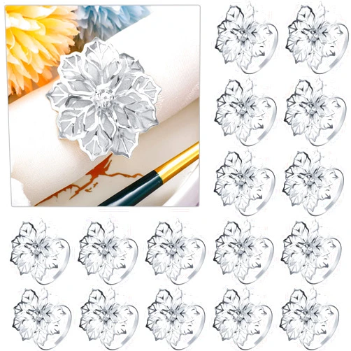 Hotop 24 Pcs Hollow Out Flower Napkin Rings Fall Rhinestone Napkin Holder Set Adornment Exquisite Household for Thanksgiving Day Christmas Wedding Party (Silver)