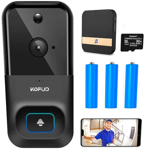 KOPUO Video Doorbell Camera - 1080P Indoor Wireless Cam - 2-Way Audio Intercom - WiFi Motion Detection Alerts - Rechargeable Battery - IR Night Vision - IP66 Waterproof - 32G Card/Cloud