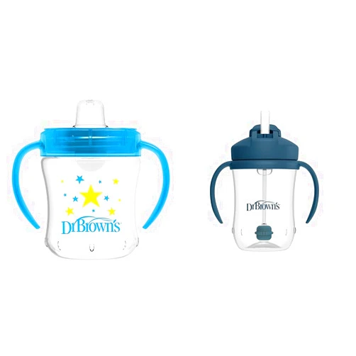 Dr. Brown's Transition Sippy Cup with Soft Spout - Blue - 6oz - 6m Milestones Baby’s First Straw Cup, Training Cup with Weighted Straw, Dark Blue, 6m+