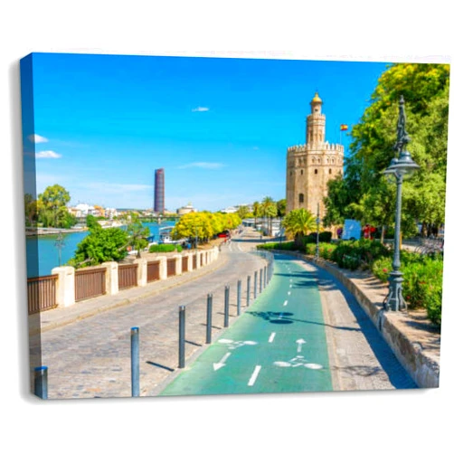 TIGTMULERLY Bathroom Wall Art Decor for Bedroom Living Room Small Canvas Wall Art Framed Scenic sight Seville the famous Torre del Oro and the Guadalquivir riv Prints Artwork Painting Pictures Kitchen Office
