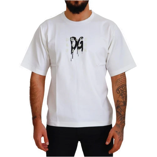 Dolce & Gabbana White Logo Print Cotton Crewneck T-Shirt