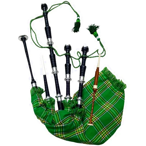AAR Scottish Full Size Bagpipe Rosewood or Black Finish with Silver Plain Mounts Free Tutor Book, Carrying Bag, Drone, Reeds (Black,National Green)