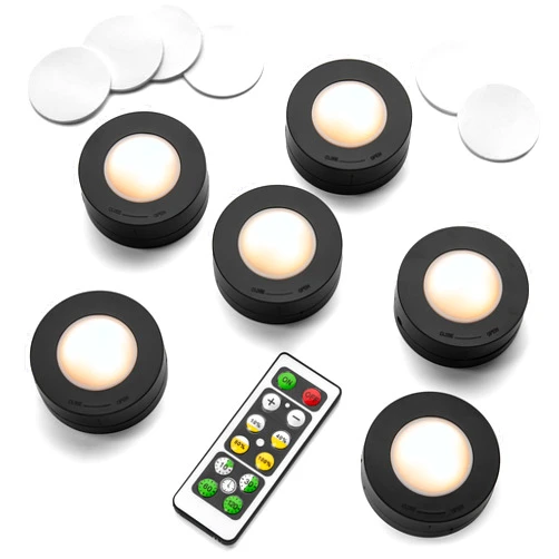 Block Party Under Cabinet Lighting (Black) Set of 6 - Wireless Remote Controlled Dimmable Auto-Off LED - 3000K Warm White Battery Operated Lights - Low Profile Puck - Low Power Consumption
