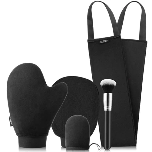 CeleCily 5-in-1 Self Tanner Mitt Applicator Kit - Professional Self Tanning Mitt Back Applicator, Mini Mitt, Brush and Exfoliator，No Streaks, No Orange Palms, Double-Sided Washable Tanning Gloves Set