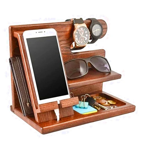 BEAUTYMISC Cell Phone Stand,Wood Phone Docking Station Nightstand Organizer, Key Holder Wallet Watch Stand and Charging Station, Personalized Gifts for Any People Travel Gadgets Birthday