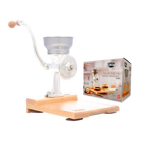 Universal Corona Cast Iron Corn and Grain Mill with Wooden Table, Corn Grinder, Grain Mill, Manual Grinder with Table For Corn, Rice, Lentils, Chickpeas, Cast Iron Grinder For Domestic Use, Anti-Rust By Corona